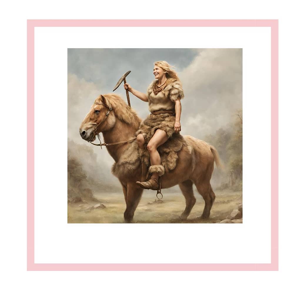A clothed Neanderthal Woman on horseback. She is smiling and holding a scythe
